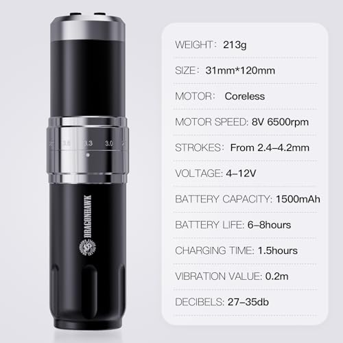Dragonhawk Wireless Tattoo Gun Machine 2 Batteries 1500mAh 7 Strokes Length 2.4mm - 4.2mm for Beginners