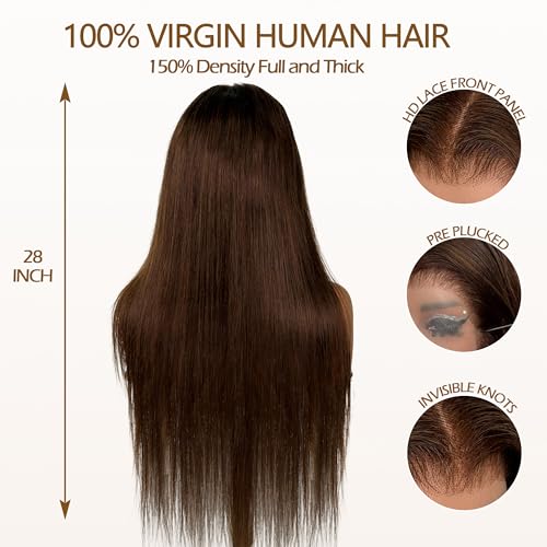 Brown Straight Lace Front Wigs Human Hair 180 Density Chocolate Brown Lace Front Wig Straight 12A 13x6 HD Transparent Full Lace Frontal Wigs Pre Plucked 26 Inch