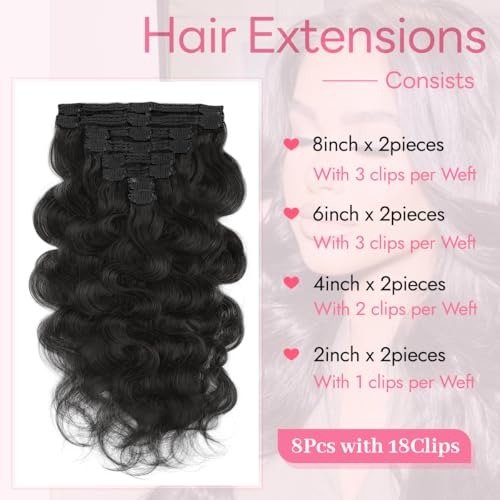 Clip in Hair Extensions Real Human Hair Body Wave 1B Natural Black Clip in 100% Brazilian Remy Human Hair Extensions 8pcs Per Set with 18 Clips Double Weft 16 Inch 90g/3.6oz