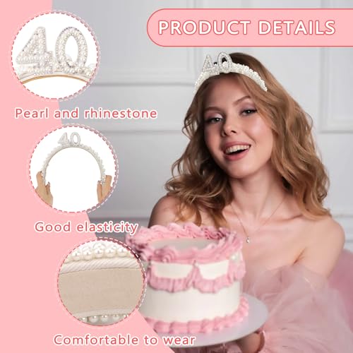 40th Birthday Headband for Women, 40th Birthday Crown for 40th Birthday Outfit Dress for Women, Birthday Headband with Pearl for 40th Birthday Decorations, Happy 40th Birthday Decorations
