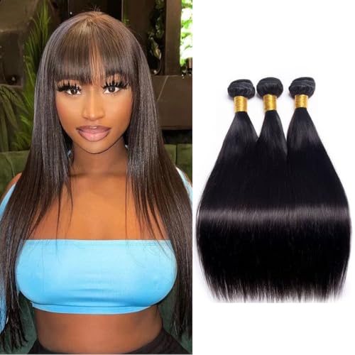 Straight Human Hair Bundles 14 16 18 Inches Brazilian 100% Unprocessed Virgin Hair Weave Bundles Human Hair Straight Weft Natural Black Color Hair Extensions for Women