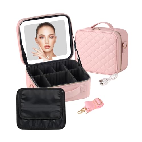 BEAUTY CASE Makeup Case with LED Light Mirror, 10 Inch Portable Travel Cosmetic Organizer Bag with Adjustable Dividers, Rechargeable, Large Capacity, Bright Lighting, Gift for Women Girls, Pink