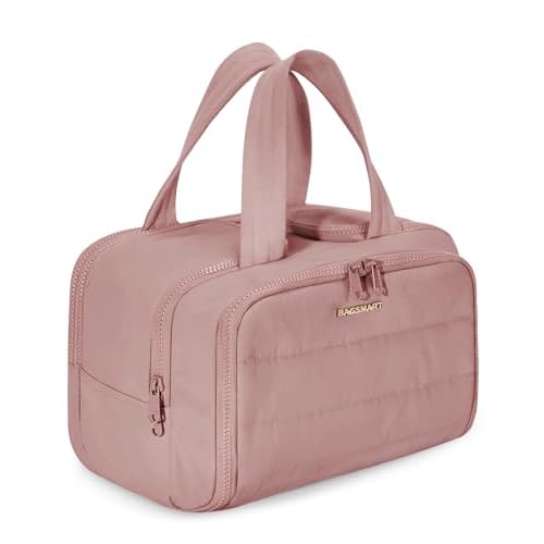 BAGSMART Travel Toiletry Bag, Lightweight Large Wide-open Travel Bag for Women, Puffy Cosmetic Makeup Bag Organizer with Handle for Accessories,Essentials, Toiletries, Dark Pink