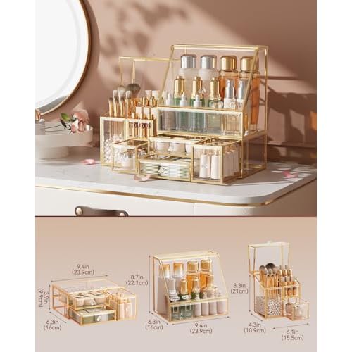 Clear Makeup Organizer with Gold Frame ? Countertop Vanity Organizer for Skincare, Lipsticks, Perfume & Brushes ? Bathroom Cosmetic Storage Display Box