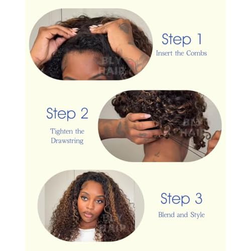 BLY Highlight Water Wave Half Wig Human Hair 3 in 1 Glueless Drawstring Flip Over Wear Go Wig for Women 1B 30 Color 180 Density Beginner Friendly Wigs 18 Inch