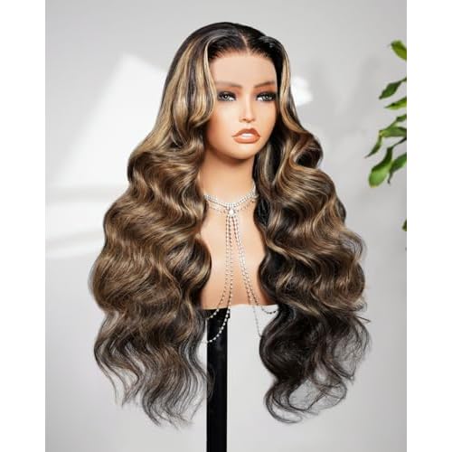 Ombre Body Wave HD Lace Front Wigs Human Hair Glueless Wear and Go 13x4 Frontal Wigs Human Hair Highlight Balayage Body Wave Wig Pre Plucked Pre Bleached Wig 200% Density 24 Inch 1B/27