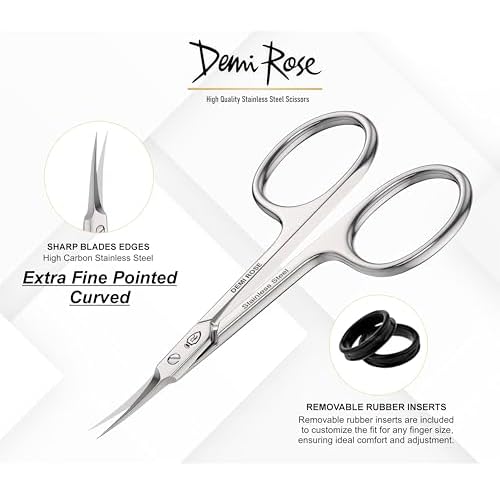 Cuticle Scissors Extra Fine Curved - Pointed Tip Professional Manicure Scissors for Cuticles, Nails, Eyelash, Nose Hair, Beard, Mustache - Nail Scissors with Rubber Inserts