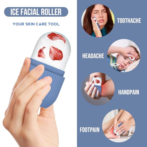 Ice Roller for Face and Eye, Silicone Ice Facial Roller Ice Holder, Face Ice Mold Skin Care, Face Icers Reusable Ice Cube Roller for Shrink Pores Anti Wrinkle Reduce Puffiness, Blue