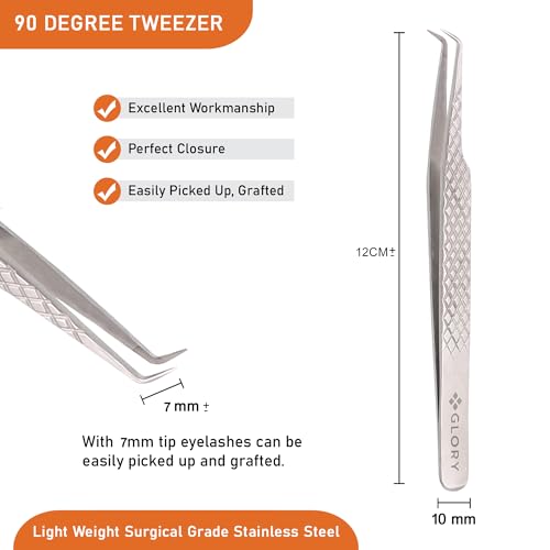 Glory 90 Degree Angle Lash Tweezers for Eyelash Extensions ? Precision Fiber Tip Diamond Grip Stainless Steel Lash Tool for Mega Volume Classic & Professional Lash Tech Supplies