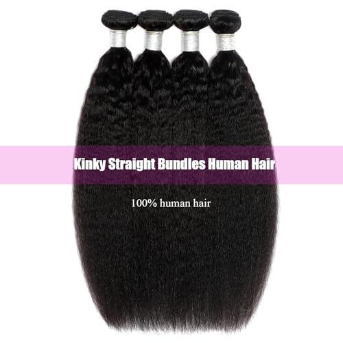 Kinky Straight Bundles Human Hair 18 20 22 24 Inch Yaki Straight Bundles Human Hair 4Pcs Sew in Kinkystraight Remy Hairs Extension 12A 100% Unprocessed Brazilian Virgin Hair Weave Natural Color