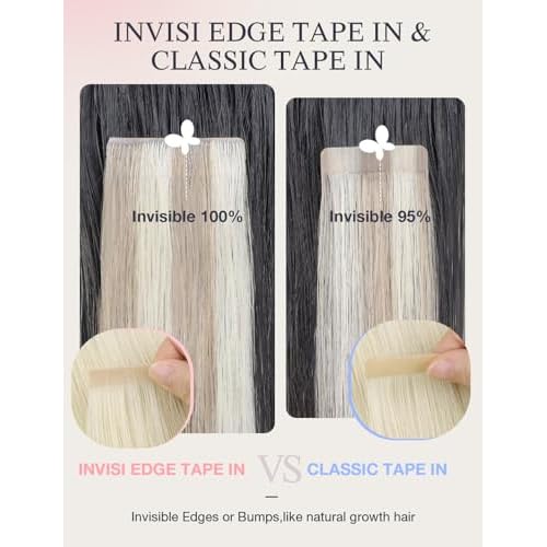 DOORES Invisi Edge Human Hair Extensions Tape in, Platinum Blonde 10 Injection Tape-ins with 10 Classic Tape-ins 50g 24 Inch, Virgin Human Hair Injection Tape in Extensions
