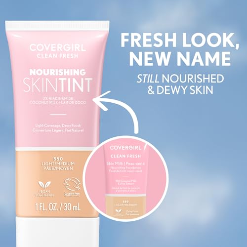 COVERGIRL Clean Fresh Nourishing Skin Tint, 550 Light/Medium, Liquid Foundation, Dewy Finish, Infused with Coconut & Aloe, Vegan Formula