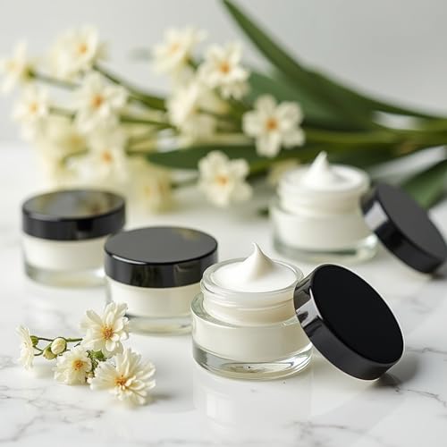 TUZAZO 1oz Glass Jars with Black Lids, 4 Pack Small Glass Jars with Inner Liners & Stickers Refillable Empty Cosmetic Containers for Creams, Lotions, Body Butters, Powders