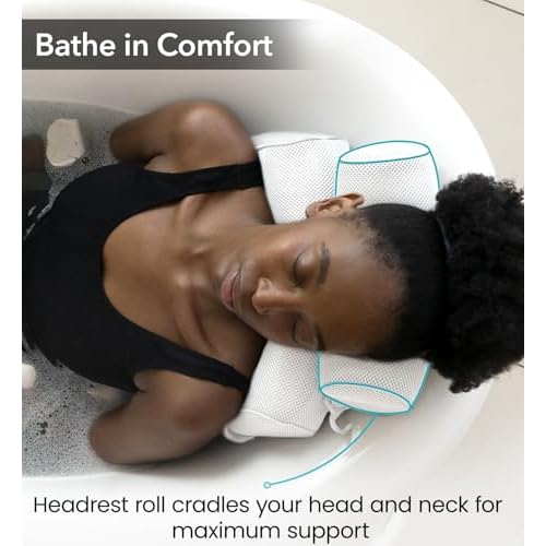 Everlasting Comfort Luxury Bath Pillows for Tub with Head and Neck Support - Non-Slip Bathtub Pillow with Suction Cups, Quick-Drying Mesh & Drying Hook - Jacuzzi & Spa Accessories for Women - White