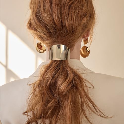 papasgix Metal Hair Ties, Metal Geometric Elastic Hair Ties, Hair Cuff Wrap Gold Hair Ties for Thick Hair Elastic Hair Ties for Women Hair Accessories (Gold-16)