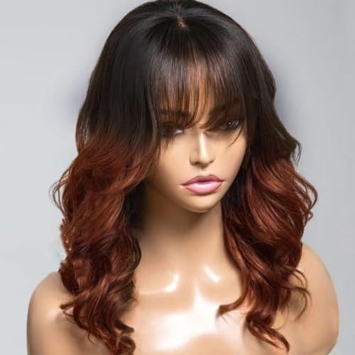 1b30 Ombre Brown Layered Cut Wavy Human Hair Wig With Bangs 13X6 HD Invisible Lace Front Wig Pre Plucked For Women Glueless Wig Brazilian Remy Hair With Baby Hair 150% Density 14 Inches