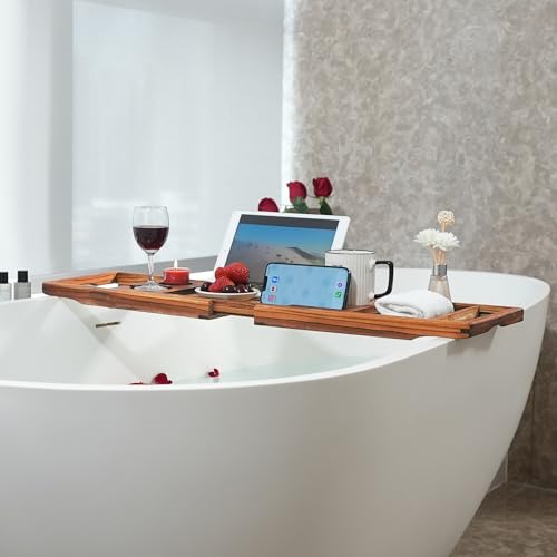 VaeFae Premium Teak Bathtub Tray, Expandable Wooden Bath Tray for Tub, Luxury Bathtub & Bathroom Accessories, Great House Warming, Anniversary & Wedding and Birthday Gifts (Free Teak Body Brush)