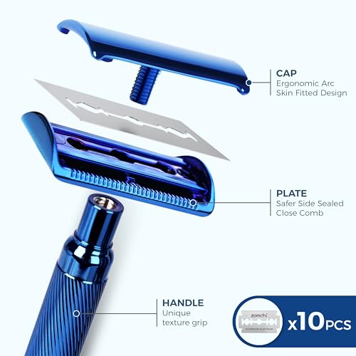 ZOMCHI Double Edge Safety Razor for Men & Women, [New Version 2.0 ] Metal Razor with 10 Double Edge Safety Razor Blades, Single Blade Razor ? Noble Blue