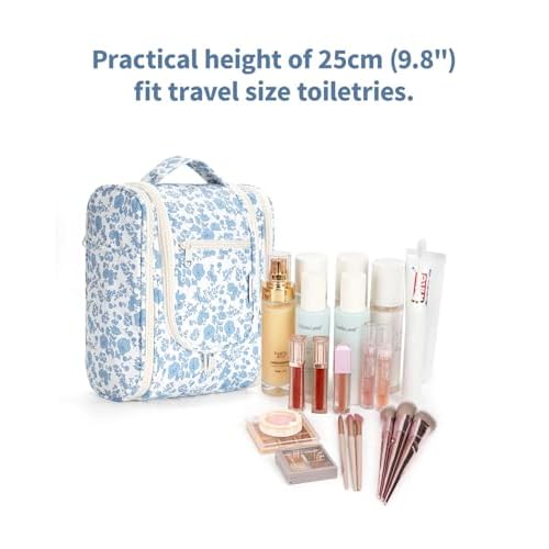 Narwey Hanging Toiletry Bag Women Travel Makeup Bag Organizer Toiletries Bag for Travel Size Essentials Accessories Cosmetics (Medium,Little Blue Flower)