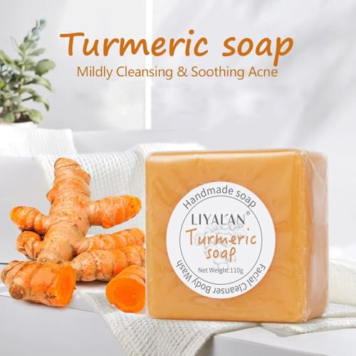 LIYALAN Turmeric Soap Bar 3.88 oz each Bar for Face and Body evens out skin tone,Smooth Skin,Cleansing Handmade Soap contains 3 bars with a fresh ginger and lemongrass scent