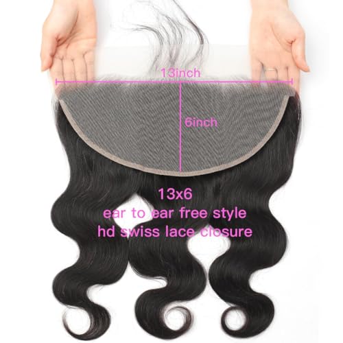 13x6 Lace Frontal Human Hair Closure Body Wave HD Transparent 13x6 Ear to Ear Frontal Closure With Baby Hair Free Part 100% Virgin Human Hair Natural Hairline 18inch