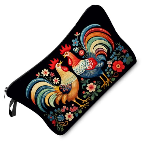 Floral Roosters Makeup Bag Colorful Chicken Small Organizer Bag Zipper Pouch Ethnic Style Roosters Print Cosmetic Bag Present for Women Friends