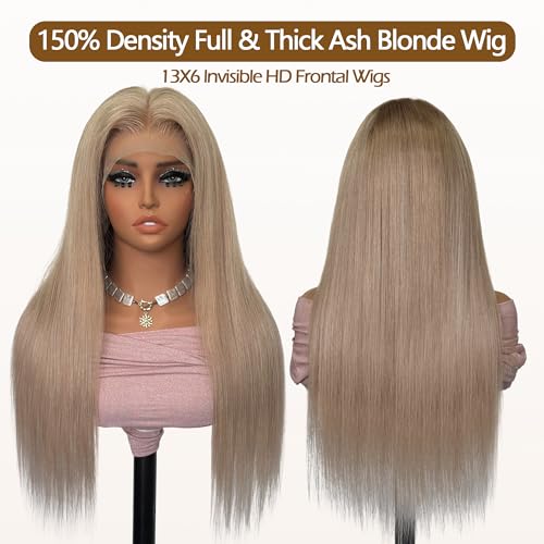 13x6 Transparent Lace Front Wigs Human Hair Ash Blonde Wig Human Hair 180% Density Ash Blonde Straight Lace Front Wigs for Black Women Pre Plucked Colored HD Lace Frontal Wig 26 Inch