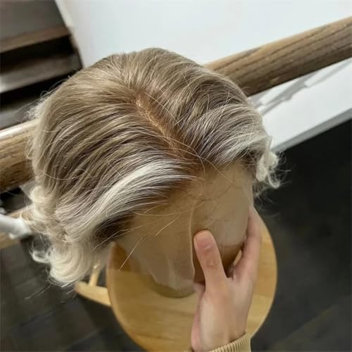 Short Bob Ash Blonde Lace Frontal Wig Human Hair Brown Highlight 13x4 Water Wave HD Transparent Lace Front Human Hair Wigs For Women 180% Density Brazilian Hair Blonde Highlight Wigs 12Inch