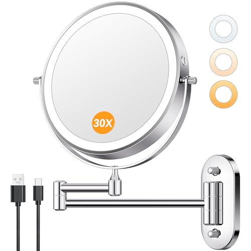 Auxmir 1X/30X Wall Mounted Makeup Mirror with Light, 8" Rechargeable Double-Sided Magnifying Mirror, Vanity Mirror Dimmable 3 Color Light, 360¡Æ Extension Rotation Foldable 14.5 Inch Arm, Chrome