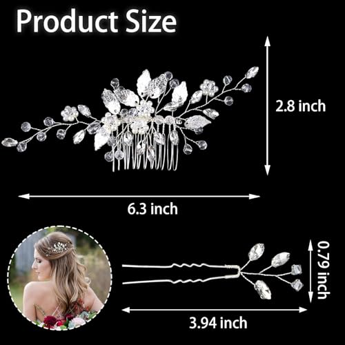 Crystal Wedding Hair Accessories - Hair Comb with Rhinestone Hair Pins and Pearls for Bride, Bridesmaids, Flower Girls (Silver)