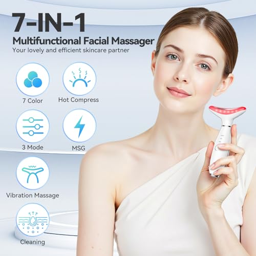 7 Color Neck Face Massager Tool, Facial Massager for Skin Care at Home, Face Sculpting Tool with Thermals, Vibration (White)