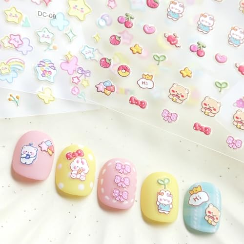 4 Sheets of 3D Nail Stickers - 289 Cute Nail Decals - Embossed Nail Stickers for Kids | Kawaii Theme - Butterfly, Flowers, Stars, Fruits, Bunny, Bears | Glow in The Dark