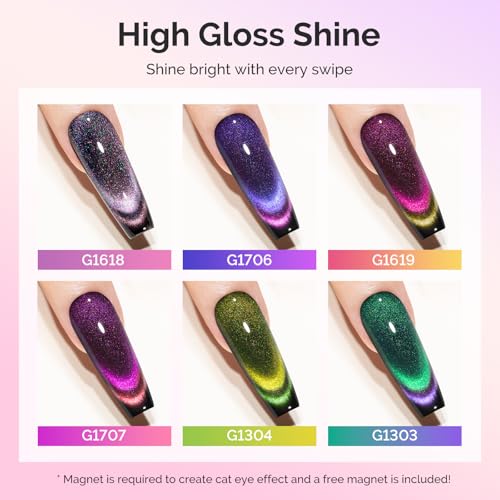 MelodySusie 9D Chameleon Cat Eye Gel Nail Polish Set 6 PCS, 0.5 Fl Oz Red Rosy Pink Glitter Holographic Magnetic Nail Polish with Magnet, UV Nail Polish for Nail Art Manicure Salon DIY at Home