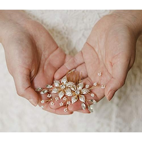 SWEETV Gold Bridal Hair Comb-Handmade Wedding Hair Clip Wedding Hair Accessories for Women