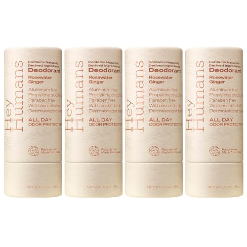 Hey Humans Aluminum Free Deodorant for Women and Men, Contains Naturally Derived Ingredients, Long Lasting Odor Control with Refreshing Essential Oils Pack of 4 Rosewater Ginger