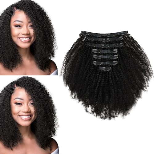 Sassina Remy Human Hair Clip in Extensions Afro Seamless Invisible Double Weft Human Hair Extensions Full Head Natural Black Curly 22 Inch 120g PU Clip in Brazilian Virgin Human Hair 7PCS