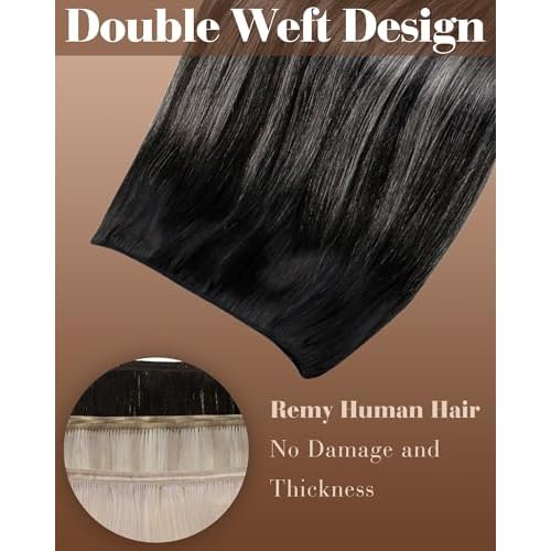 Hetto Sew in Hair Extensions Real Human Hair Ombre Black to Silver Grey Balayage Weft Hair Extensions Human Hair Invisible Sew in Hair Extension Double Weft 22 Inch 100g