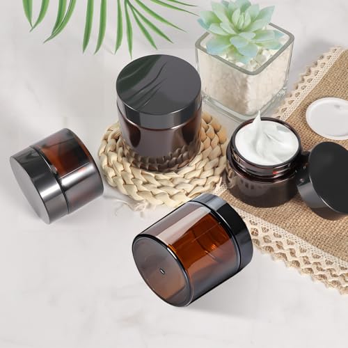 48 Pack 2oz Amber Glass Jars with Lids, Airtight Small Containers with Liners Lid for Cosmetics, Crams, Lotions Powder, Onitments Candle Making, DIY | Leak-Proof, Reusable