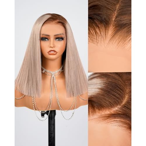 Ash Blonde Bob Wig Human Hair 13x4 HD Lace Frontal Wigs Pre Plucked with Baby Hair 20/Ash Blonde Ombre Lace Front Wig 210% Density Bleached Tiny Knots Straight Bob Wig 14 Inch