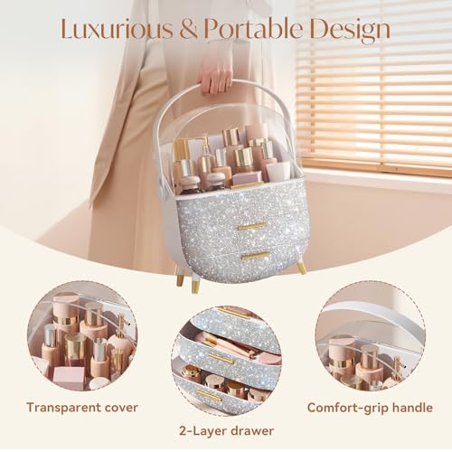 Bling Makeup Organizers, Cosmetic Display Case with Clear Cover, Vanity Makeup Organizers for Lipstick Perfume Lotion and Skincare, Silver Diamond