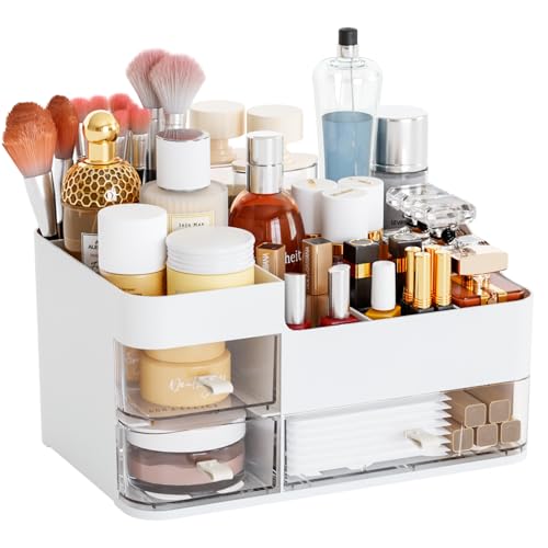 White Makeup Organizer With Drawers,Large Skincare Organizers for Countertop,Desk,Dresser,Plastic Bathroom Counter Organizer for Brush,Palettes,Perfume,Beauty Products Organization,Skin Care Storage