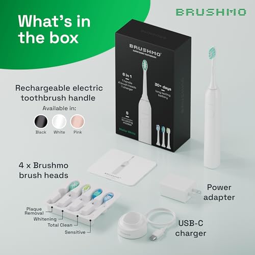Brushmo Super Sonic Electric Toothbrush with 4 Replacement Heads - Rechargeable Electronic Tooth Brush for Adults with 5 Customizable Modes - IPX7 Waterproof & Long-Lasting Battery - White