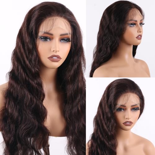 28 Inch Body Wave Lace Front Wigs Human Hair Pre Plucked HD 13x4 Glueless Lace Frontal Wig with Baby Hair for Black Women Heat Resistant 180% Density Natural Remy Hair Rich Dark Brown #2