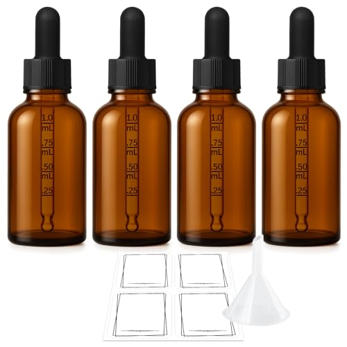 Bumobum 1 oz Dropper Bottle, Amber Glass Dropper Bottle with Glass Measured Dropper, Empty Eye Tincture Bottles with Funnel & Labels for Essential Oils Serums Tavel Liquids, 4 Pack