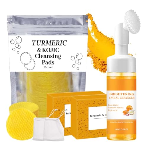 Turmeric Face Wash With Brush,Turmeric Wash and Care Set,Foaming Facial Cleanser&2Bars of Lemon Soap&20pcs Cleansing Pads&2 Bubble Nets,Facial Kit for Women,3.38 Fl Oz/pcs