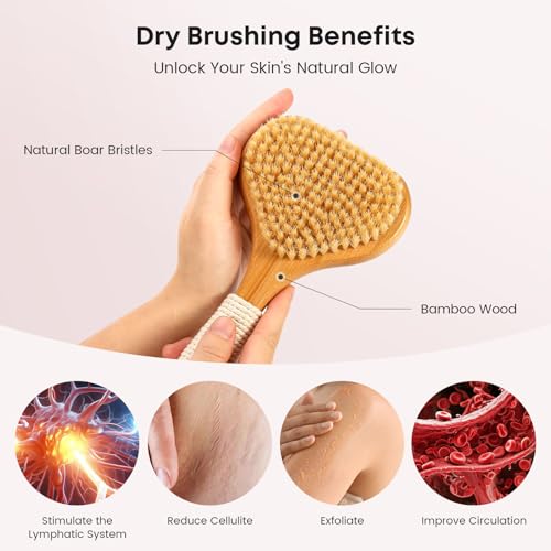 Bamboo Dry Brushing Set with Body and Face Brush, Dry Scrub Brush with Exfoliating Natural Boar Bristle for Lymphatic Drainage, Cellulite Reduction, Blood Circulation and Glowing Skin, 2 Pack