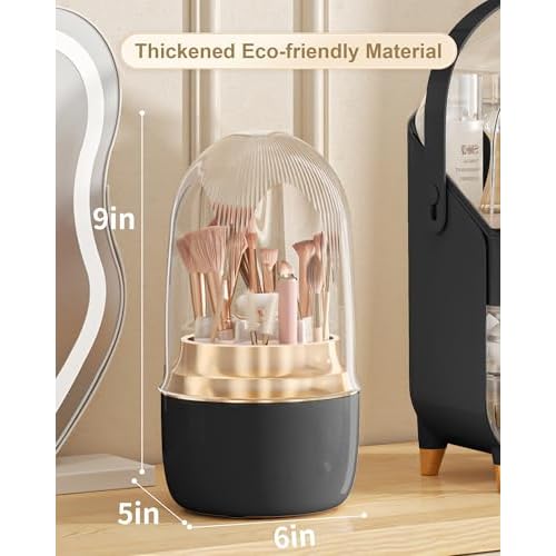 Makeup Brush Holder 360 Rotating, [Upgrade & with Cover] Makeup Brush Organizer for Vanity Countertop Bathroom (Black)