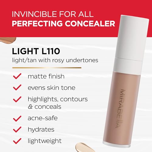 Mirabella Invincible For All Perfecting Under Eye Concealer Full Coverage - Hydrating Makeup Concealer for Dark Circles, Fine Lines & Wrinkles w/Hyaluronic Acid - Light L90