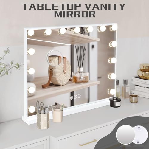 COOLJEEN Hollywood Vanity Mirror with 15 Dimmable Bulbs and USB Charging Port, 3 Color Lighted Makeup Mirror with 10X Magnification, Tabletop