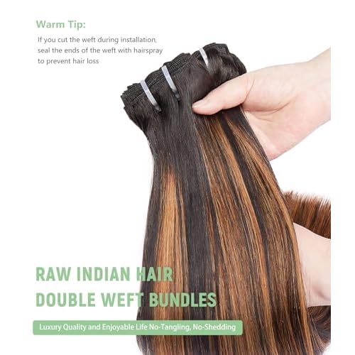 mlip Raw Bundles Human Hair Straight, No Tangle Shedding, Keep Texture Silky Soft After Multiple Washes, 15A Raw Indian Hair Bundles 24 Inches, Brown Highlight Bundles